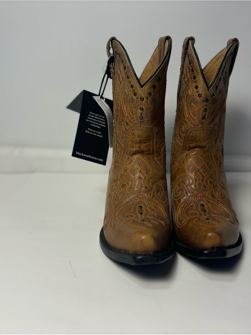 Black Star Brown Embroidered Leather Western Ankle Boots